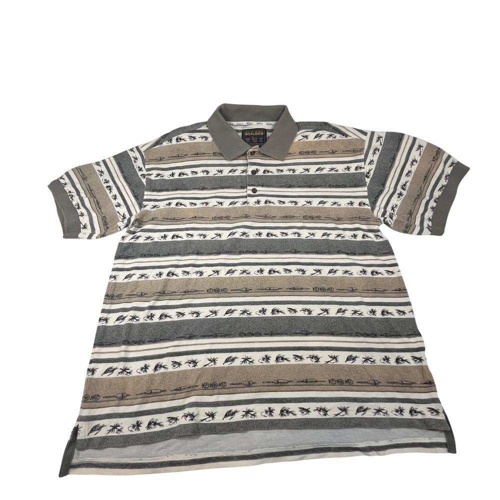Woolrich John Rich and Bros Mens Large Fly Fishing Graphic Stripe Polo Shirt